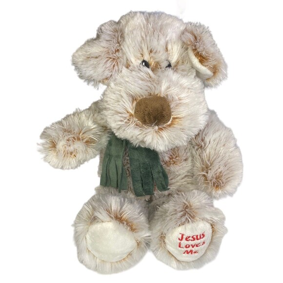 Fiesta Jesus Loves Me Puppy Dog w/ScarfPlush Stuffed Animal Two Tone Ivory Brwn - Picture 2 of 11